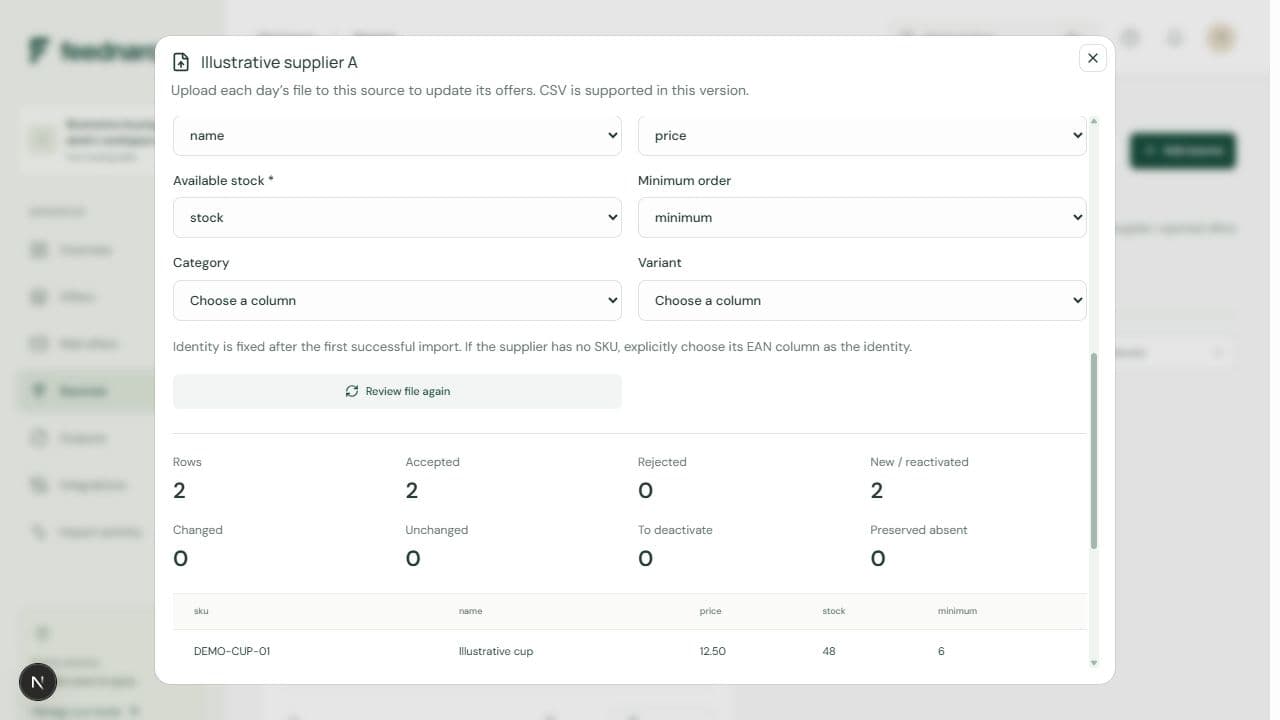 Local Feednaro file review showing two accepted illustrative CSV rows and no rejected rows